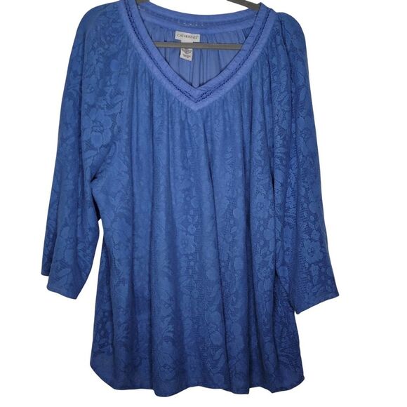 Catherine's 1X Top Blouse Blue Lace Overlay 3/4 Sleeve V-Neck Boho Classy Modest - Picture 2 of 14